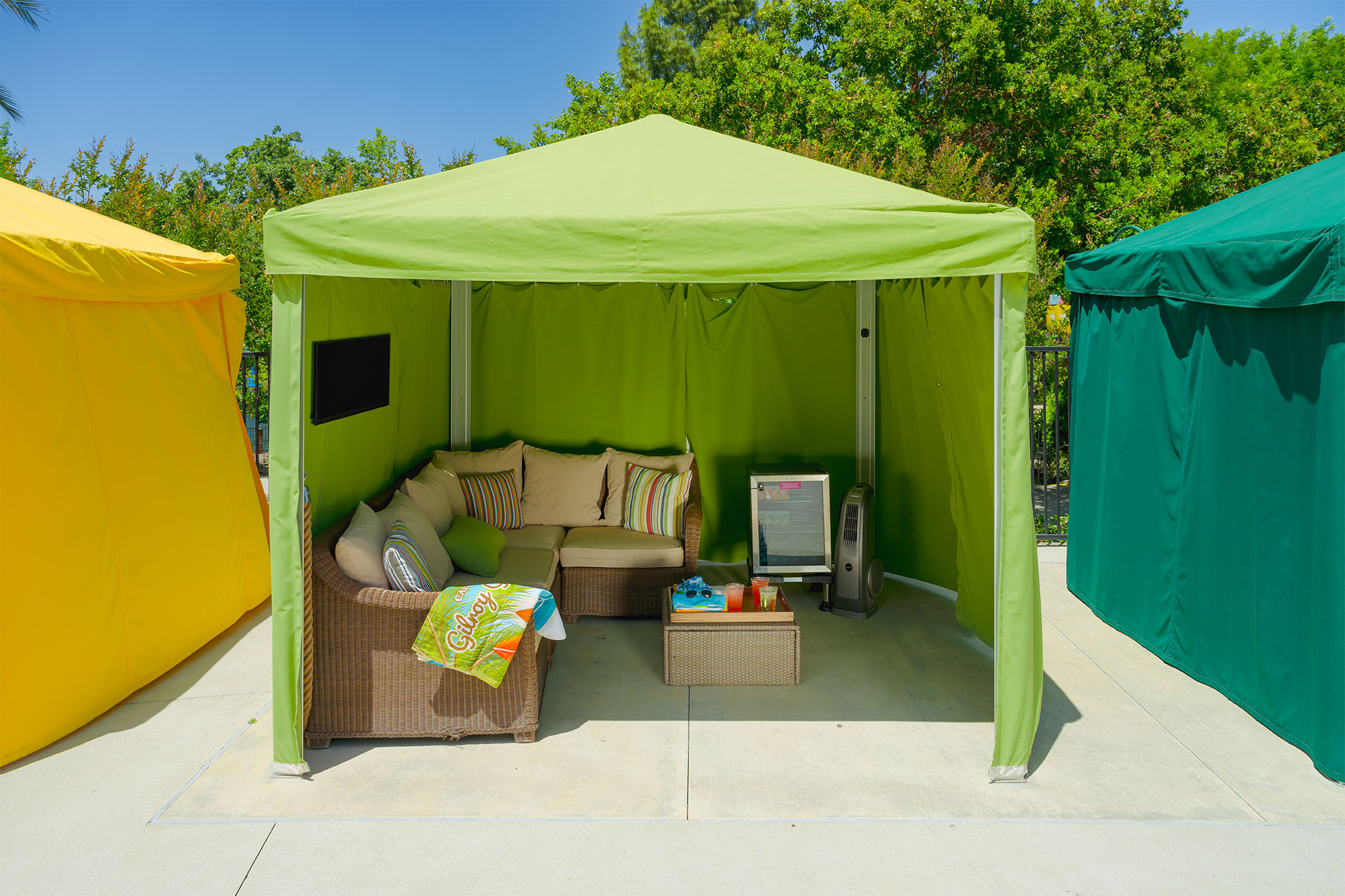 Luxury cabana with tv, fan and refrigerator