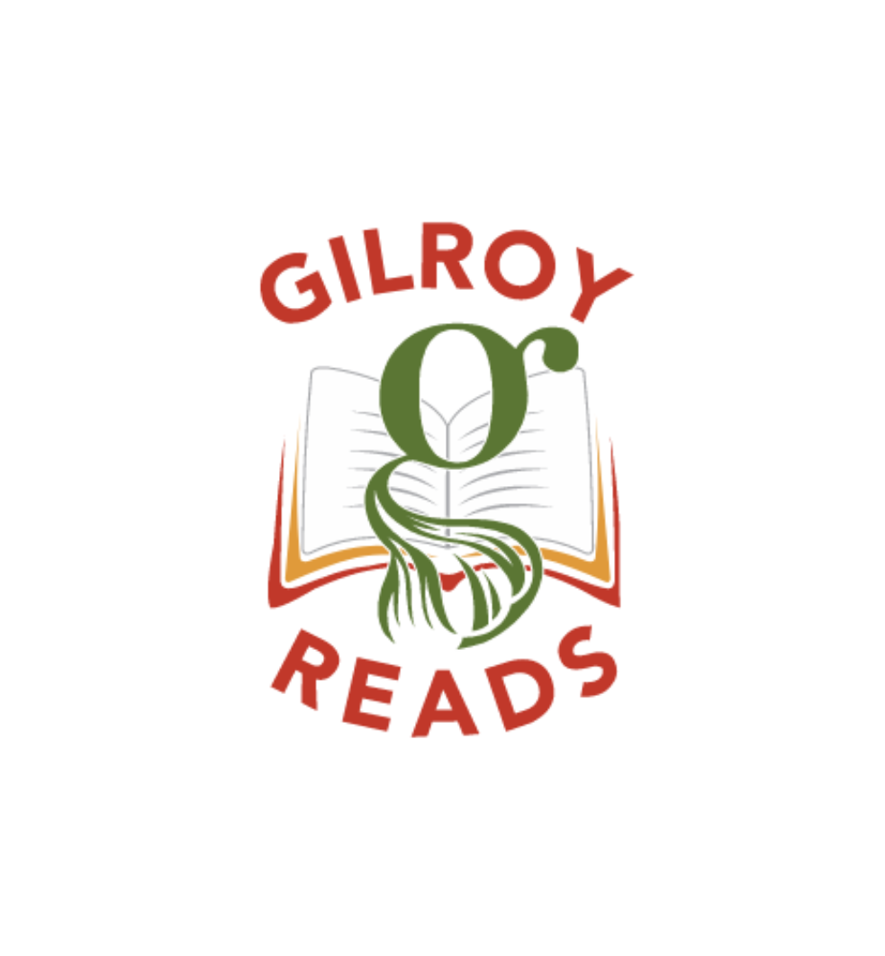 Green letter G with a garlic bulb in top of a book that says Gilroy Reads