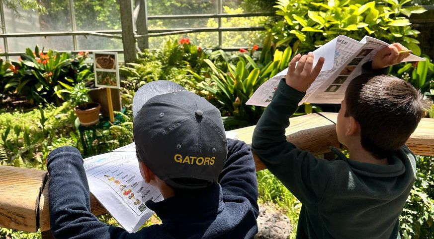 Two young boys leaning against a guard rail in Monarch Garden searching for the plant that is shown on their paper packets that is in their hands.